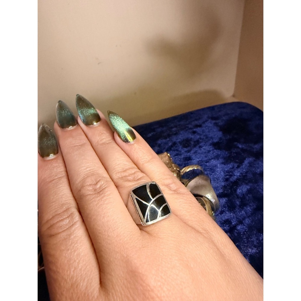 Vintage 925 Sterling Silver Black Onyx Inlay Geometric Signet Ring